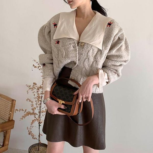 

autumn winter two piece outfits for women long sleeve knitted sweater cardigans and high waist mini skirt ekegant 2 piece sets, Gray