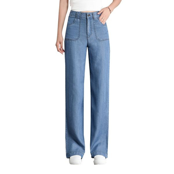 

high-waisted tencel jeans thin summer new style wide-leg long pants plus-sized loose-fit slimming women's casual straigh, Blue