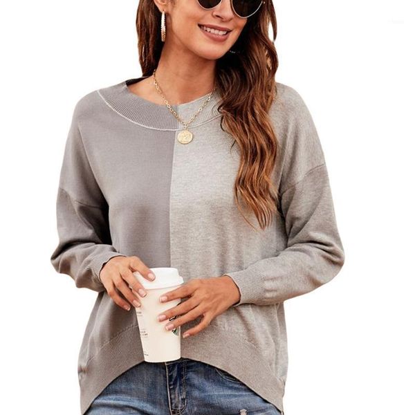 

2020 fashion women long sleeve color block sweater stylish round neck pullover for ladies1, White;black