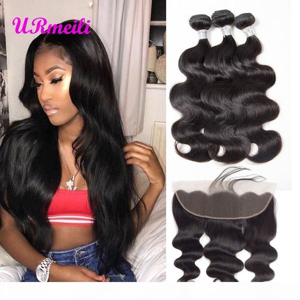 

brazilian virgin hair body wave 3 4 bundles with frontal brazilian unprocessed human hair weave 30 inch bundles with lace frontal body wave, Black;brown