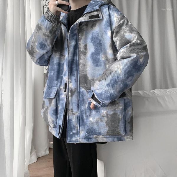 

2020 winter men's parka hooded loose thicken warm tie-dying big pocket decor wind proof joker fashion male cotton coat1, Black