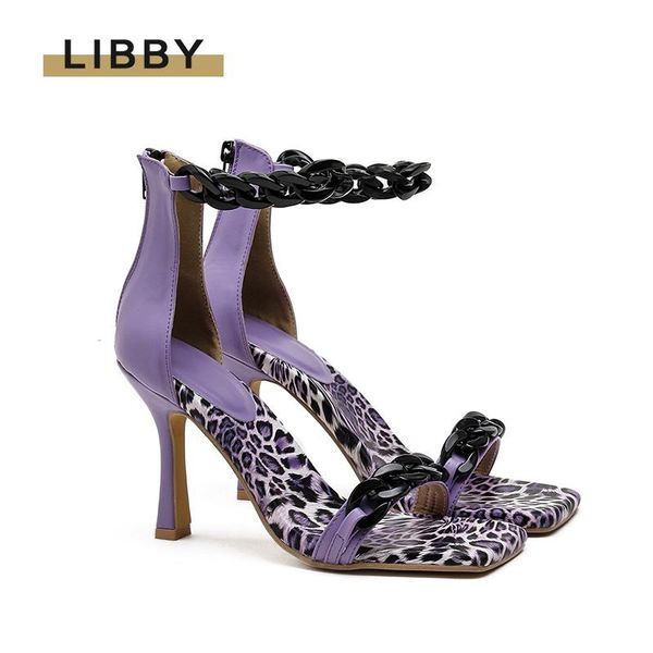 

sandals 2021 chain high heels shoes purple women leopard open toe party elegant dress pumps ankle strap, Black