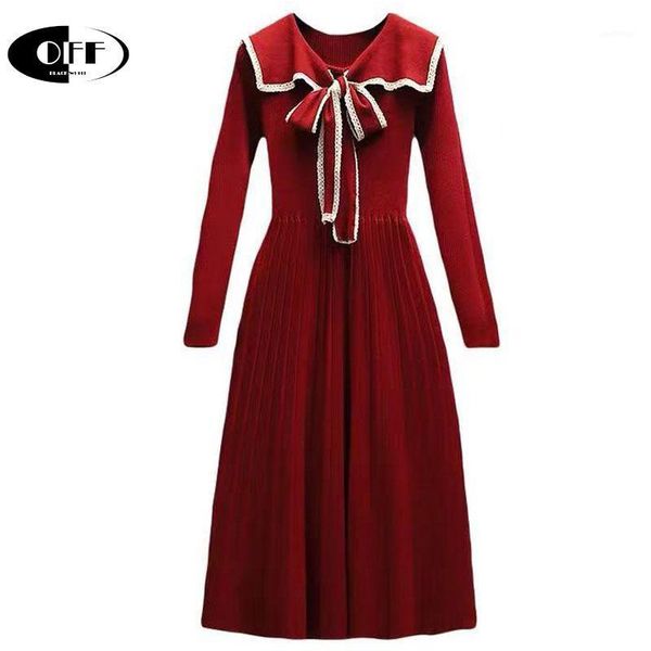 

elegant sweet knitted midi dresses for women long sleeve bow collar slim red black knit casual pleated lady dress female vestido1, Black;gray