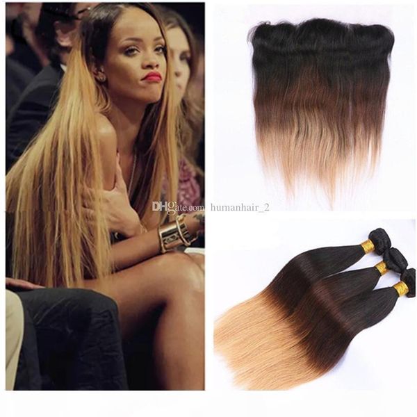 

brown blonde ear to ear frontal with ombre hair extension dark root 1b 4 27 straight hair extension with lace frontal bleached knot, Black;brown