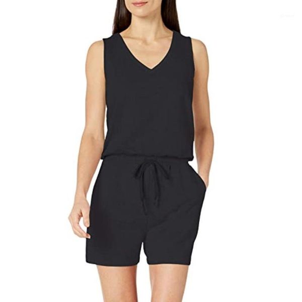 

summer casual jumpsuit womens summer v neck sleeveless sports pockets tank short jumpsuit rompers1, Black;white