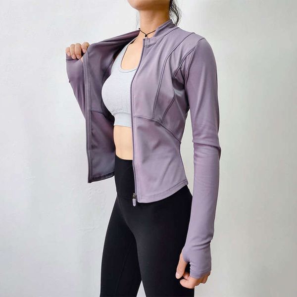 

winter 2020 new nude fall sports coat slim fit yoga dress women zipper long sleeve fitness top, Gray