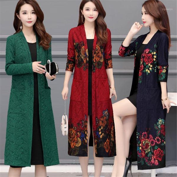 

plus size 5xl floral printed women cardigan sweater 2020 new spring autumn vintage knitted sweaters female thick coat outerwear1, White