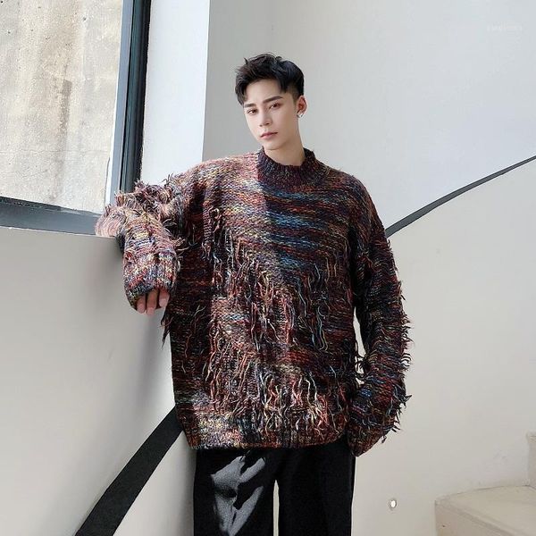 

male women streetwear vintage fashion loose sweater men thick knit thicken half turtleneck tassel pullover sweater1, White;black