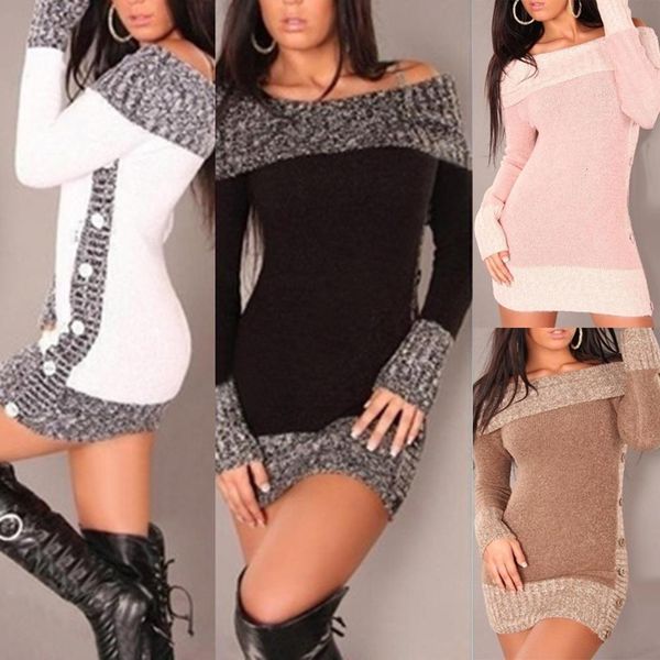 

women sweater long sleeve sweater dress casual autumn winter dress off the shoulder button colorblock long sleeve sweater, White;black