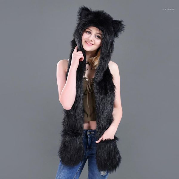 

faux fur animal hat scarf gloves winter mittens 3 in 1 function hoodie with paws ears hsj881, Blue;gray