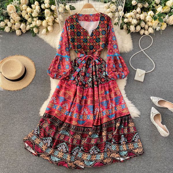 

2021 new singiny female retro dress long puff neck lace up in bohemian fall line impression dressed holiday tt4d, Black;gray