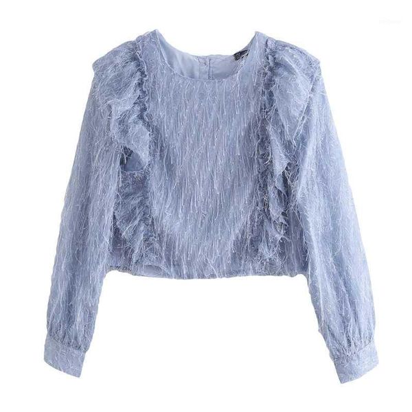 

elegant women blue faux fur shirts 2021 fashion ladies o-neck ruffles sweet female streetwear button blouse chic girl shir1, White