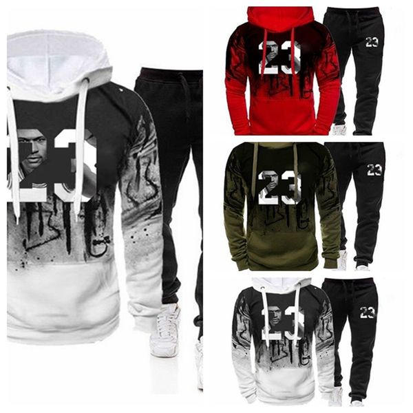 

autumn and winter new print trend fashion european and american trousers long sleeves ordinary slim hooded jacket casual suit men, Black