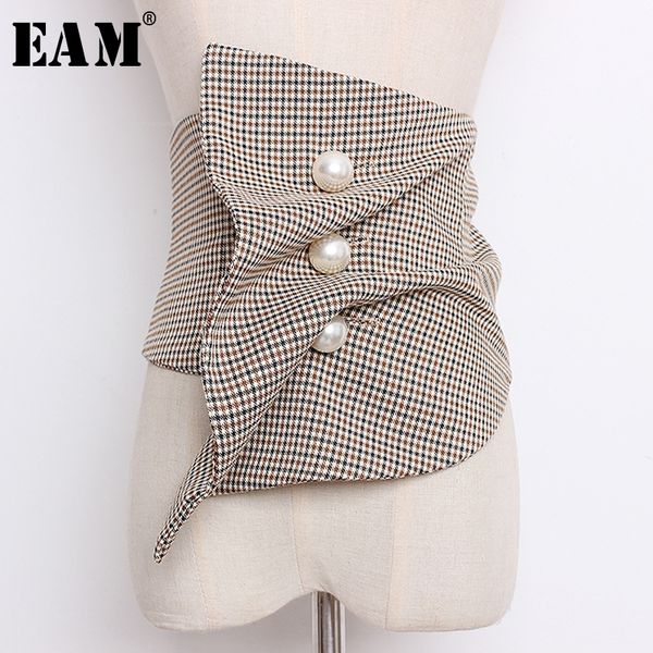 

eam] new spring summer black irregular plaid printed pearled nailed irregular stitch wide belt women fashion tide jo621 y200525, Black;brown