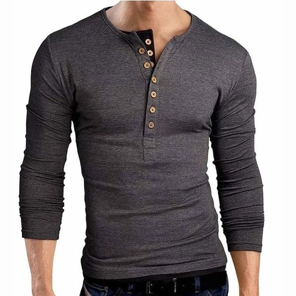 Novo Cinza T Homme Duplo V Pescoço Henley Manga Longa Camiseta Homens Slim Fit t-shirt xxl 201116