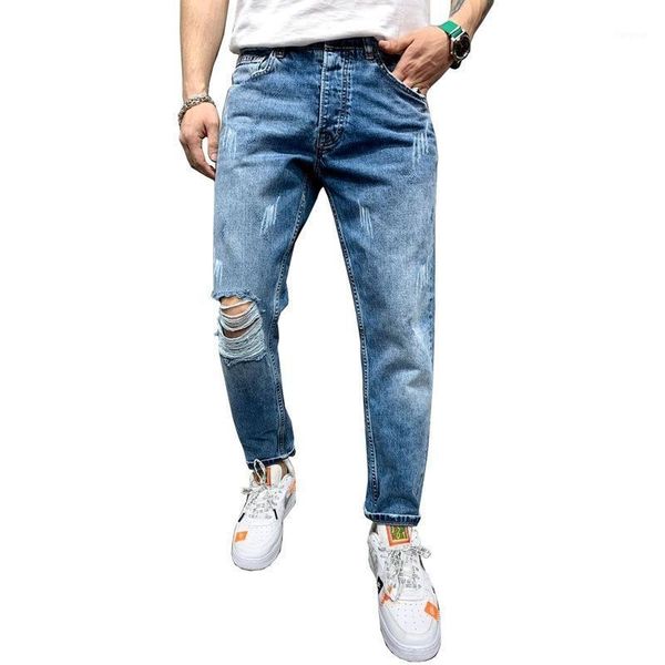 

2020 men's jeans new hole slim trousers denim elastic skinny cotton male personality male pencil pants pants jeans men1, Blue