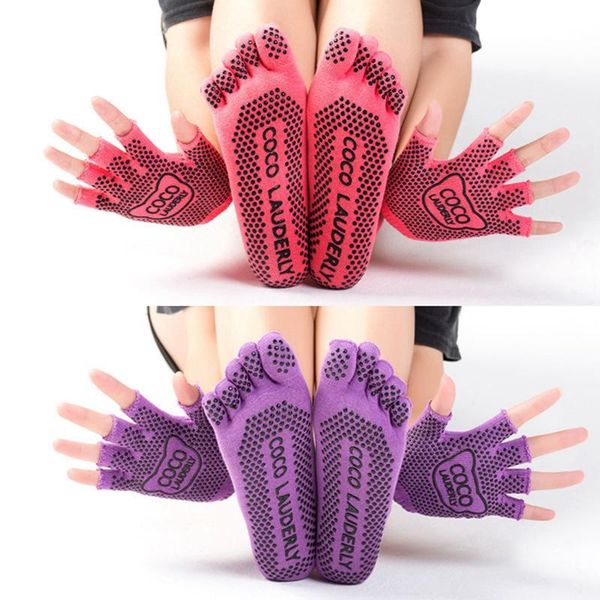 

men's socks yoga non-slip gloves five finger set pure cotton sweat-absorbent toe breathable fitness suit, Black