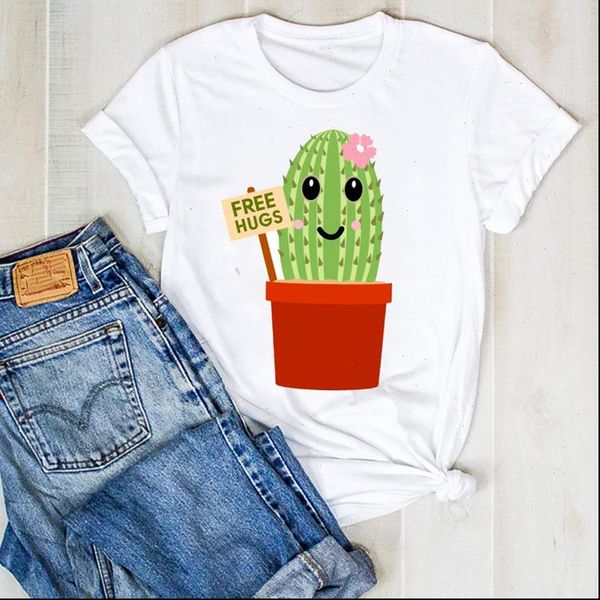 

women lady plant fashion 90s hug summer cactus ladies t tee tshirt womens female shirt clothes graphic t shirt, White