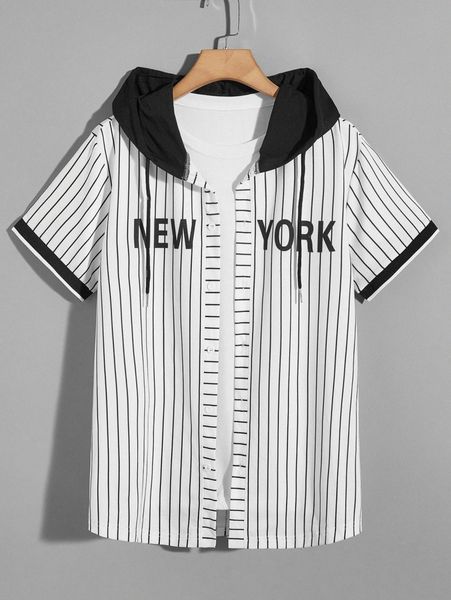 

men letter & striped print hooded shirt without tee a5un#, White;black