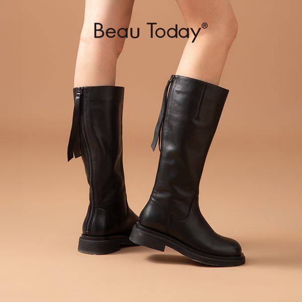 

beokoday knee high boots женщины подлинная корова кожа круглый ног вернуться зип дамы мода длинные ботинки осень зимняя обувь 01512 lj201130, Black