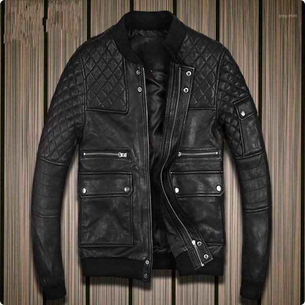 

retro slim fit sheepskin genuine leather men jacket stand collar coat male motorcycle chaquetas de cuero hombre1, Black