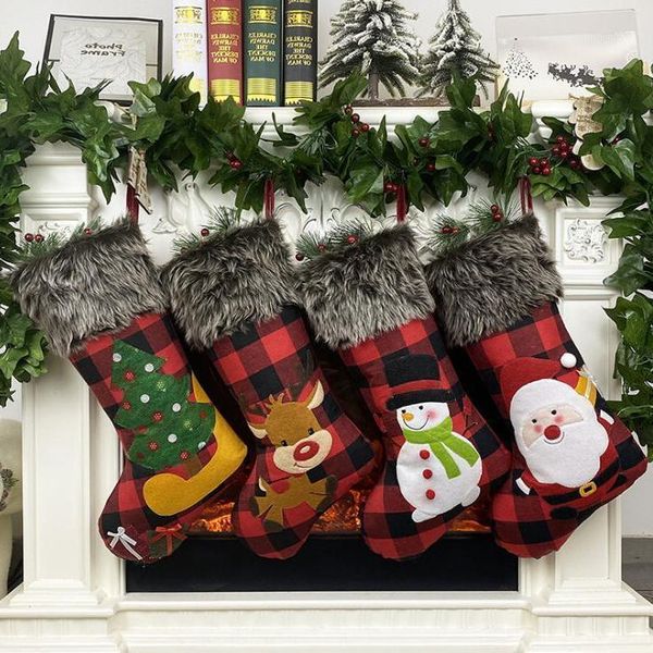 

christmas plaid stockings christmas socks gift bag santa claus deer snowman candy bag hanging socks pendant decoration1