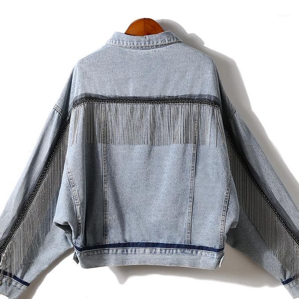 

oversized tassel denim coat women's 2020 spring autumn new streetwear loose batwing sleeve short jacket button outwear q4871, Black;brown