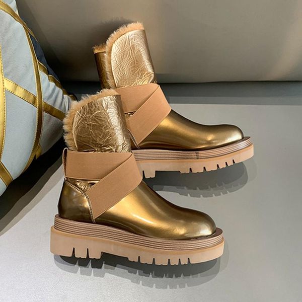 

metalic bronze leather snow boots natural sheep fur flat platform winter warm shoes fashion girl's buckle strap ankle boots, Black