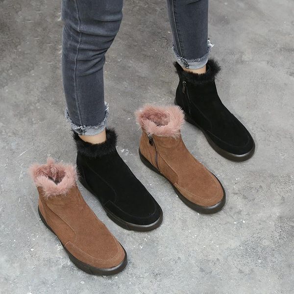 

aardimi women's cow leather winter plush boots for women soft bottom ankle boots shoes woman flat with handmade shoes large size, Black