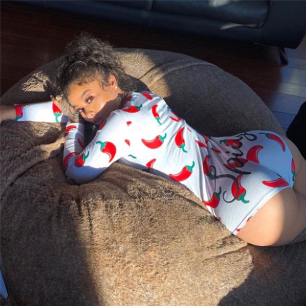 

women v-neck long sleeve bodycon bodysuit leotard casual peach chili print button sleepwear jumpsuit shorts romper, Black;white