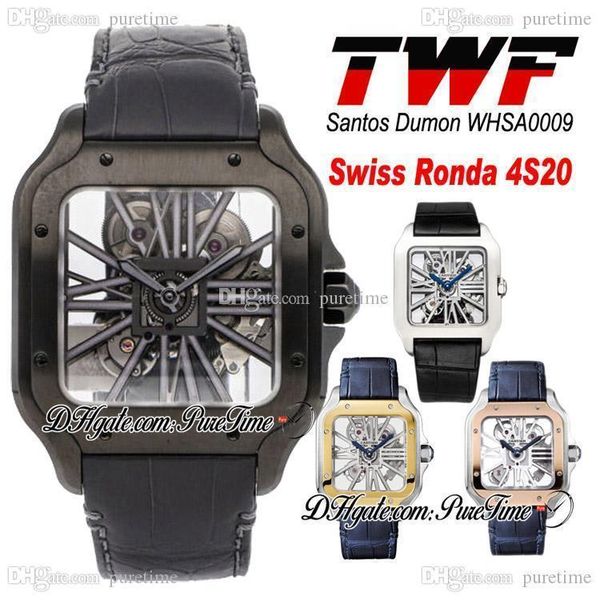 TWF Tom Holland Dumont WHSA0009 Herrenuhr Skeleton Swiss Ronda 4S20 Quarz Analog Mechanisch PVD Komplett schwarzes Lederarmband Super Edition PTCAT Puretime D4