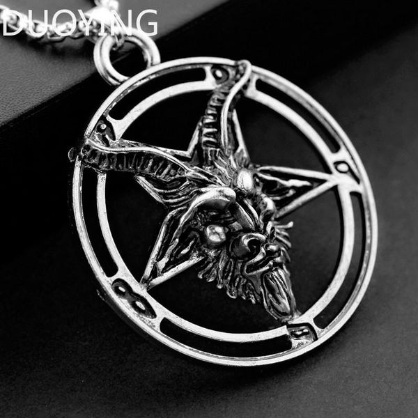 

duoying baphomet inverted pentagram goat head necklace vintage baphomet laveyan satanism occult metal pendant necklaces for men, Silver