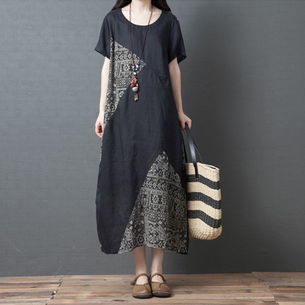 

2021 new summer new dress of large size, retro cotton seam and linen in short sleeves, feminine neck-neck dressed casual h0015, Black;gray