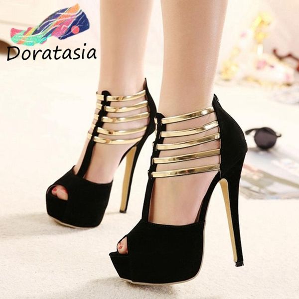 

sandals doratasia the large size 45 women solid zipper open toe shoes stiletto high heel elegant luxucy, Black