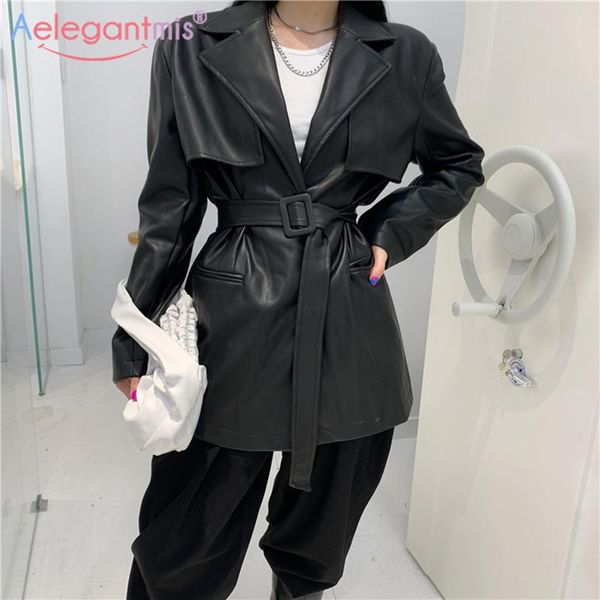 

women's leather & faux aelegantmis casual jacket women with belt korean loose vintage black motorcycle pu female outwear streetwear