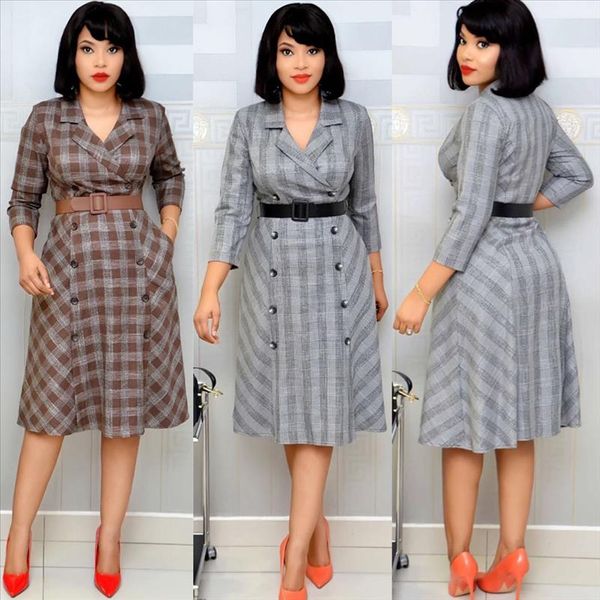 

hgte 2020 плюс размер серых африканских женских платья напечатанный плед ol office рабочий платье свободный ремень, Black;gray