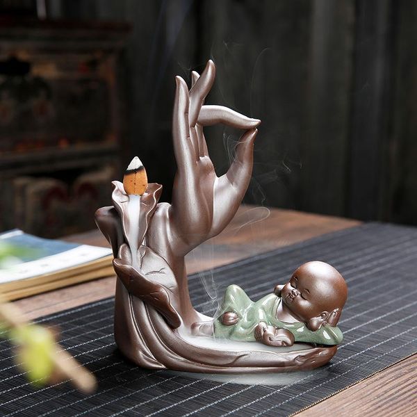 

baddha hand smoke waterfall incense sticks holder little cute monk backflow incense burner purple sand ceramic censer handicraft