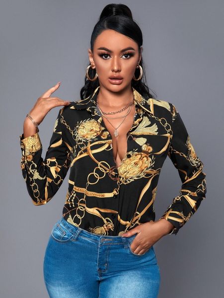 

chain print button front blouse g7rm#, White