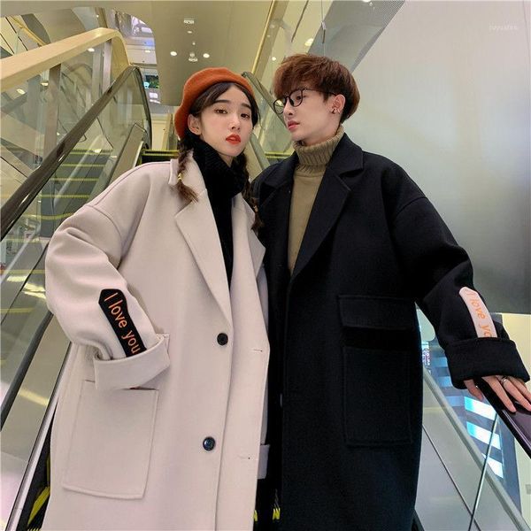 

couple's winter coat men's and women's woolen coat korean version of loose fashion handsome woolen midi1, Black