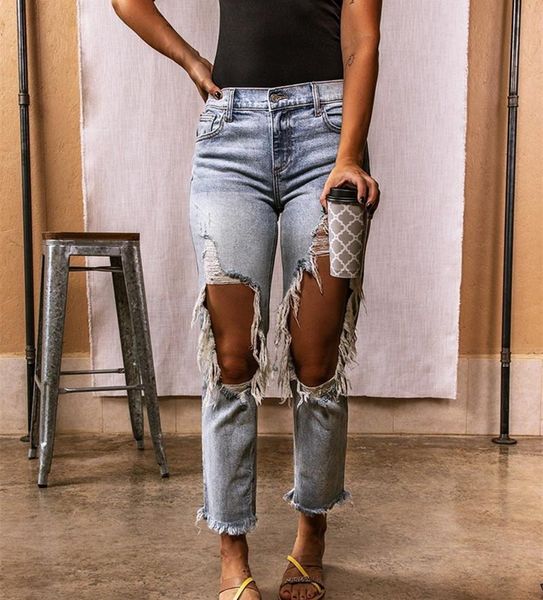 

new hole slimming women's ripped jeans straight leg women pants autumn streetwear fashion high waist women's cropped jeans, Blue