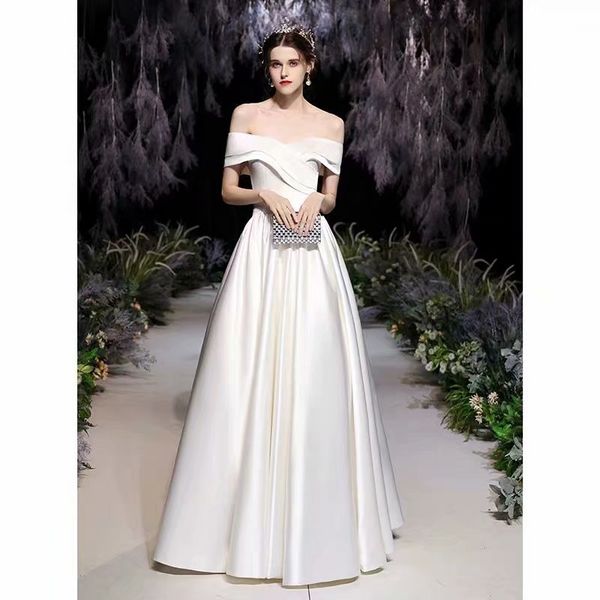 

2021 new dressed satin wedding evening dress boat neck off shoulder to be robe t0st, Blue;red