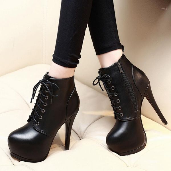 

boots brand chic extreme fetish high heels shoelaces platform party ankle booties cool shoes women1, Black