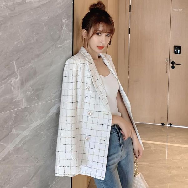 

new women clothes plaid suit jacket female autumn and winter new korean temperament wild thin tweed coat women suit jacket1, White;black
