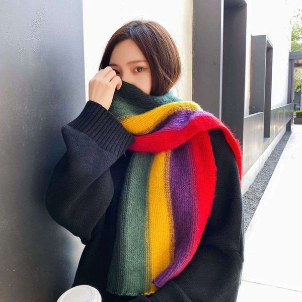 

fan net red zhiqiao new korean rainbow gradient stripe small scarf thickened warm knitting children's neck in autumn and winter, Red;brown