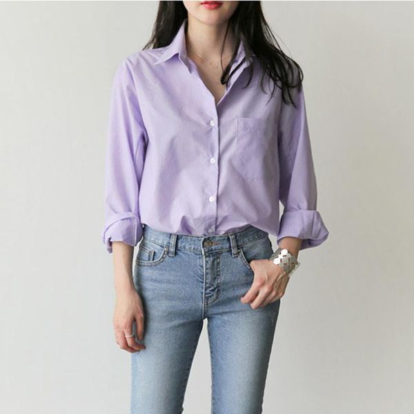 

spring women blouse stripe turn-down collar office lady full sleeve women shirts light purple fashion female blusas, White
