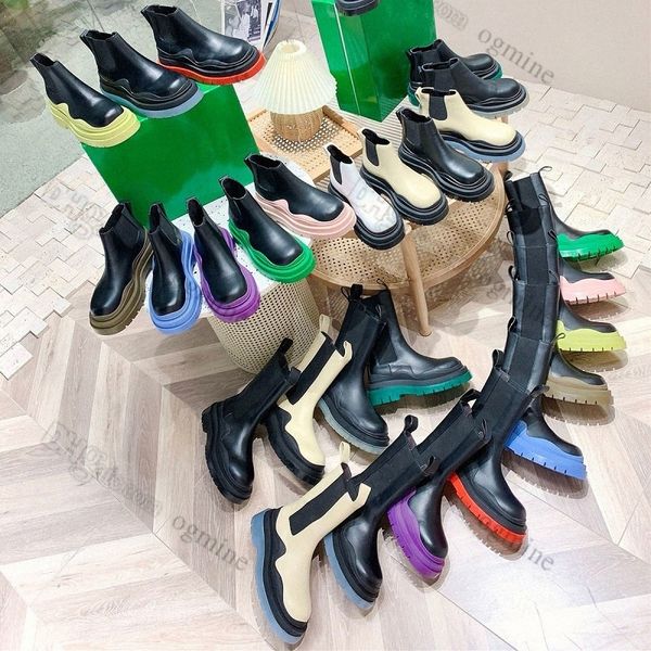 

2022 womens designer boots leather martin ankle chaelsea boot non-slip wave platform green rubber thick soled outsole elastic webbing luxury, Black