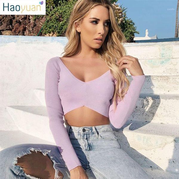 

haoyuan neon green cropped t shirt women summer women v-neck long sleeve tee fashion streetwear slim fit crop, White