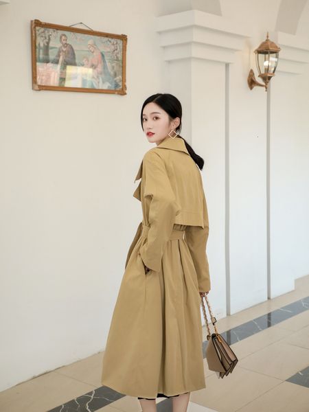 

2021 new autumn women's clothes 20casual solid khaki trench coat with pocket bands oversize vintage jacket jackets rysy, Tan;black