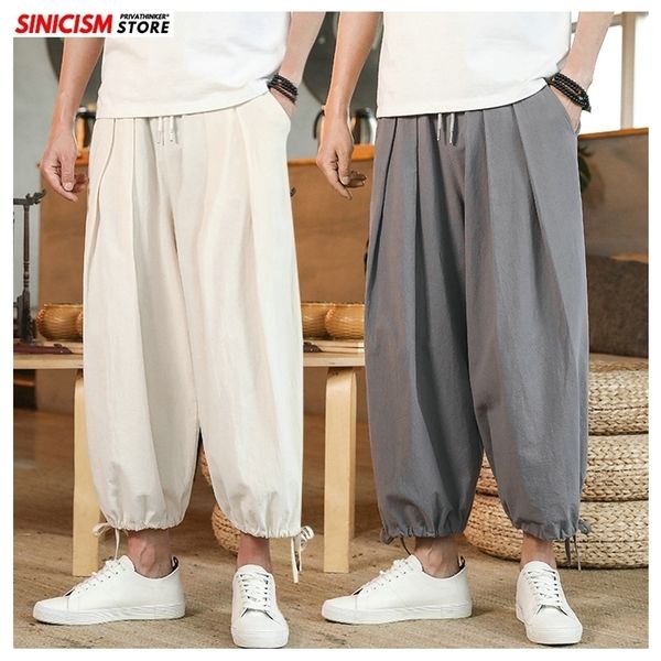 

sinicism store men solid chinese style casual mens linen loose trousers male oversize wide leg pants 5xl news 201217, Black