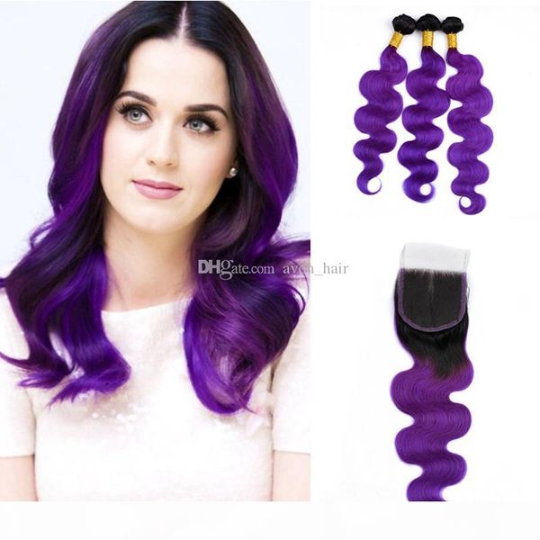 

ombre color purple human hair 3 bundles with closure dark roots 1b purple body wave hair weaves with closurece closure 4x4, Black;brown